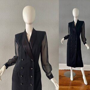 Vintage 80s Black Sheer Sleeve Double Breasted Wrap Midi Suit Dress M